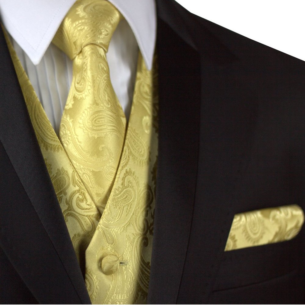 Men's Formal Wedding Prom Homecoming Tuxedo Vest Tie Hankie set - Gold Paisley